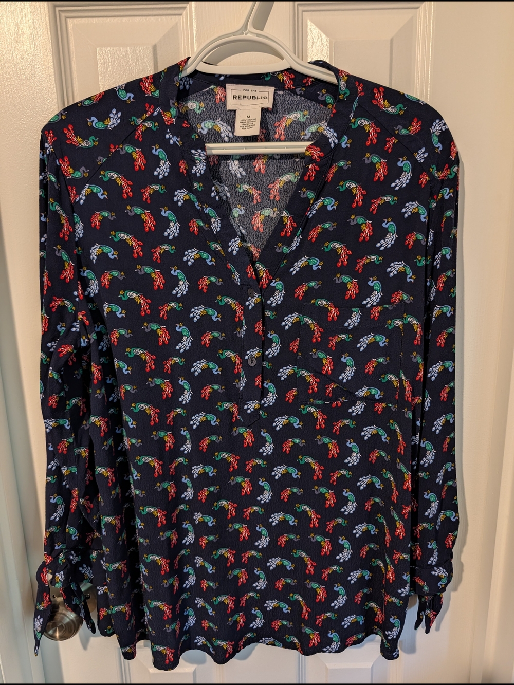For The Republic Navy Shirt with Peacocks, Size Medium